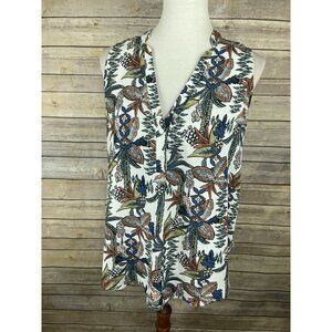 Allison Joy Small Floral Blouse Sleeveless Boho White Blue Button Up Top